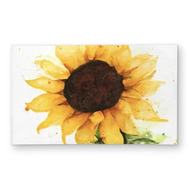 Sunflower floral outdoor rectangle rug with yellow petals and dark center, green accents