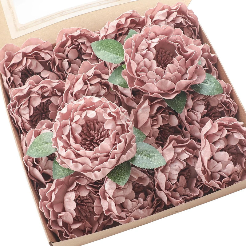 Dusty rose peony-style artificial flowers with textured petals and green leaves, 16-pack
