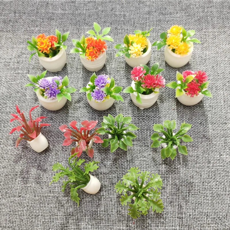 1/12 14PCS Dollhouse Miniature Resin Plant Multicolor Flower With Pot Garden Flowering Plants