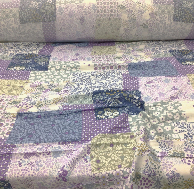Challis Rayon Apparel Fabric Floral Patch Slate Blue Lavender Purple Sage F221 Flowering Plants