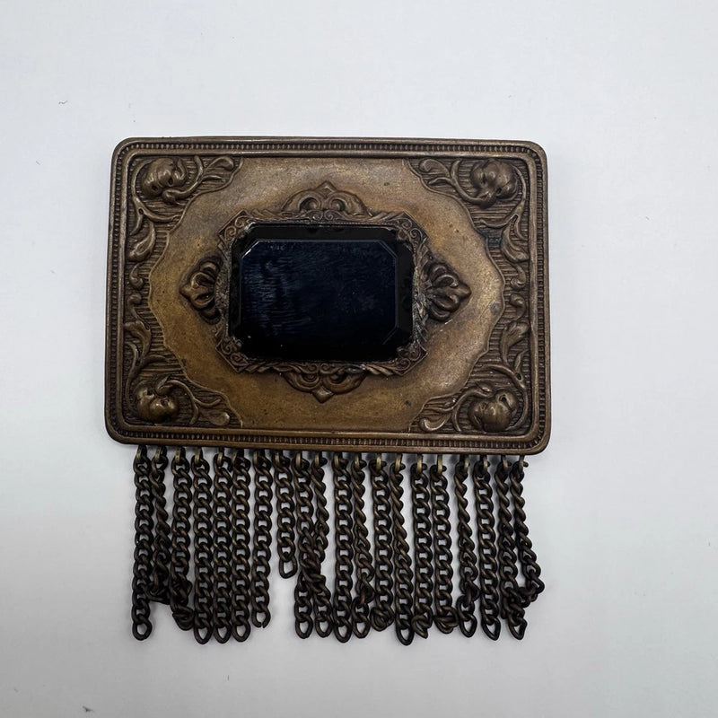 Antique Art Nouveau brooch pin with dark stone and dangling chain fringe