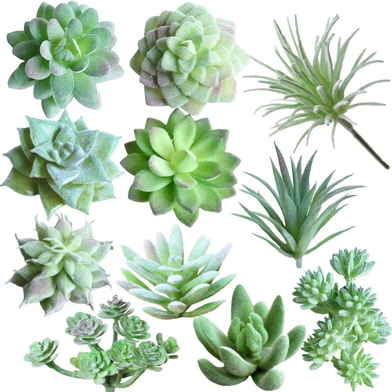 Set of 11 unpotted faux succulents in various sizes with green rosette and spiky leaves