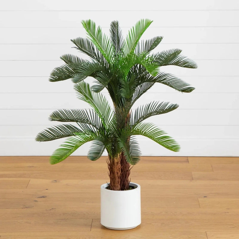 40" UV Resistant Artificial Double Cycas Palm Tree in White Planter. Retail $189 Green Plant