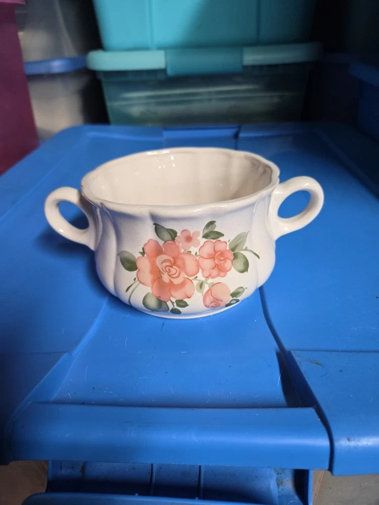 Vintage ceramic soup mug with handles, off-white base and pink rose floral pattern