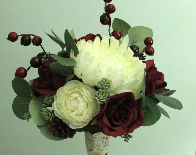 Silk Flower Winter WEDDING BOUQUET Chrysanthemum Ranunculus Roses Eucalyptus Ranunculus