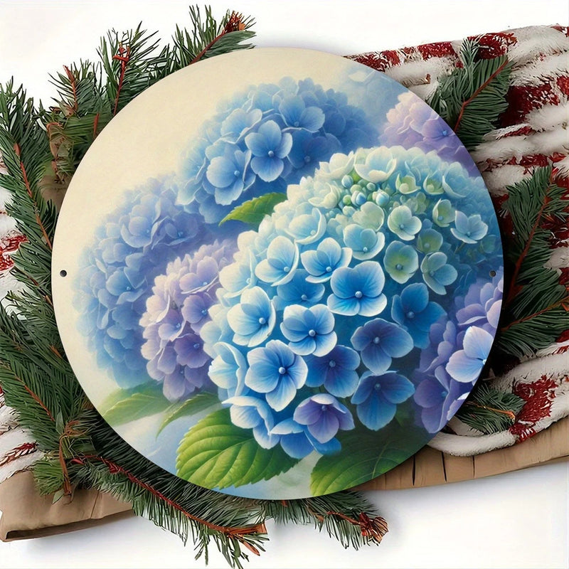 Vintage Hydrangea Flower Blue Green Round Metal Decor Hydrangea