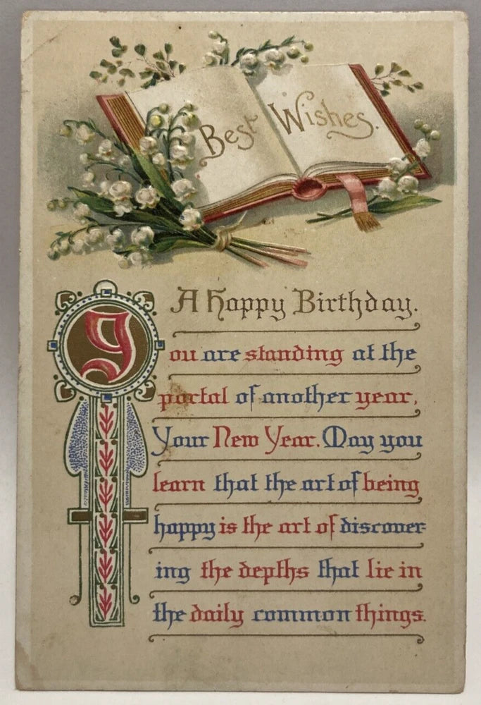 Embossed birthday postcard with lily of the valley flowers, ribbon bow, and Happy Birthday text