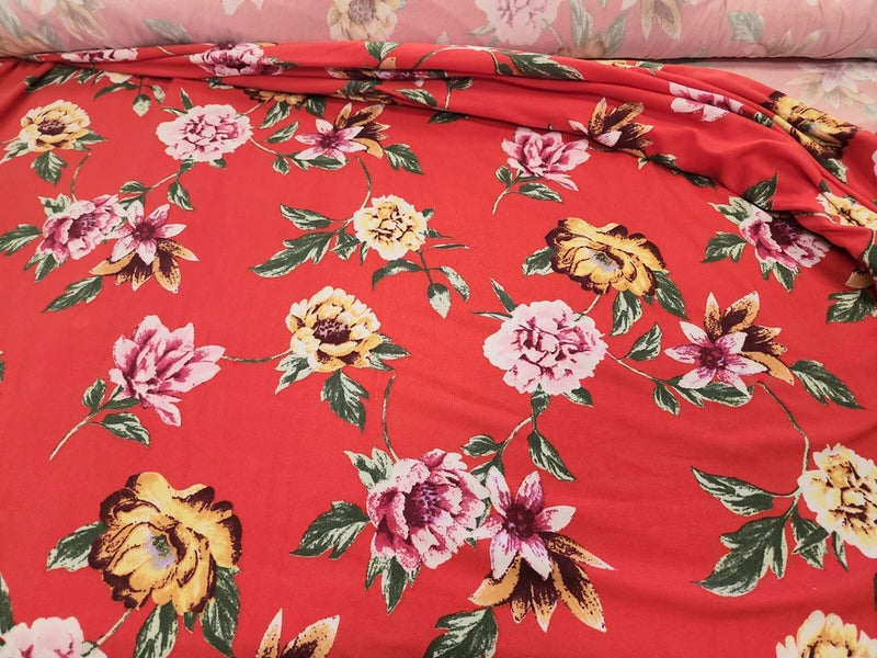 Double Brushed Jersey Knit Fabric Red Floral  By the Yard Flowering Plants