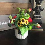 New White Jar with Faux Sunflowers, Red Flowers, Greenery, & Bronze Clock Charm Sunflower