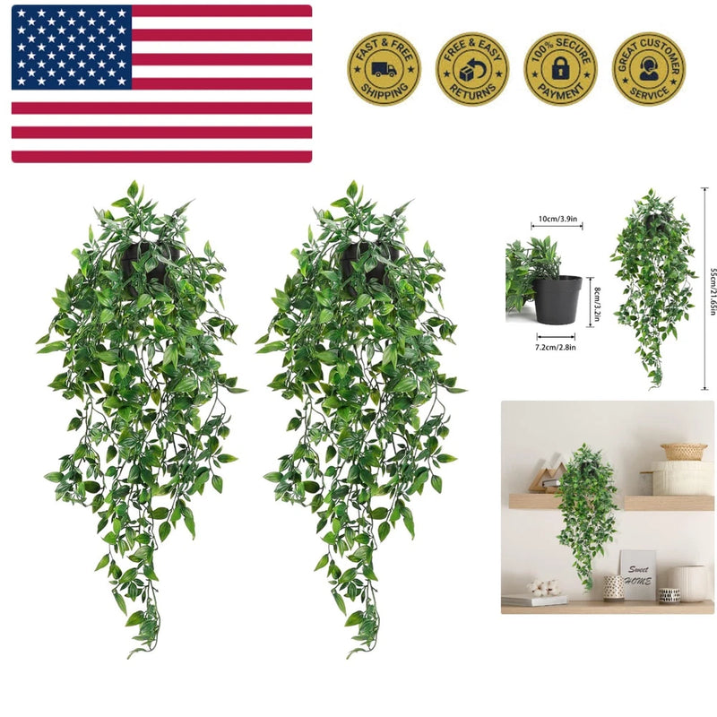 2pcs Fake Hanging Plants, Artificial Potted Plants for Indoor Outdoor Aesthet... Green Plant