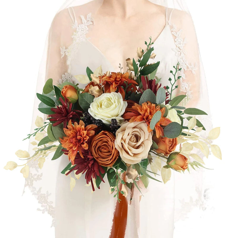 Rinlong 12.5 Inch Fall Wedding Bouquets for Bride Burnt Orange Bridal Bouquet... Bouquet