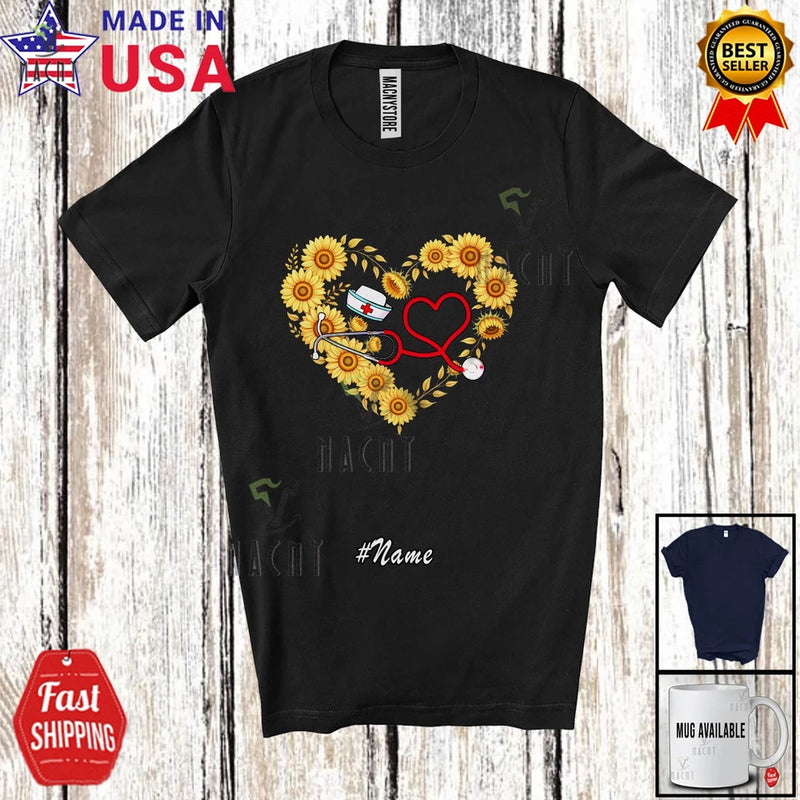 Black nurse T-shirt with sunflower heart graphic and medical tools
