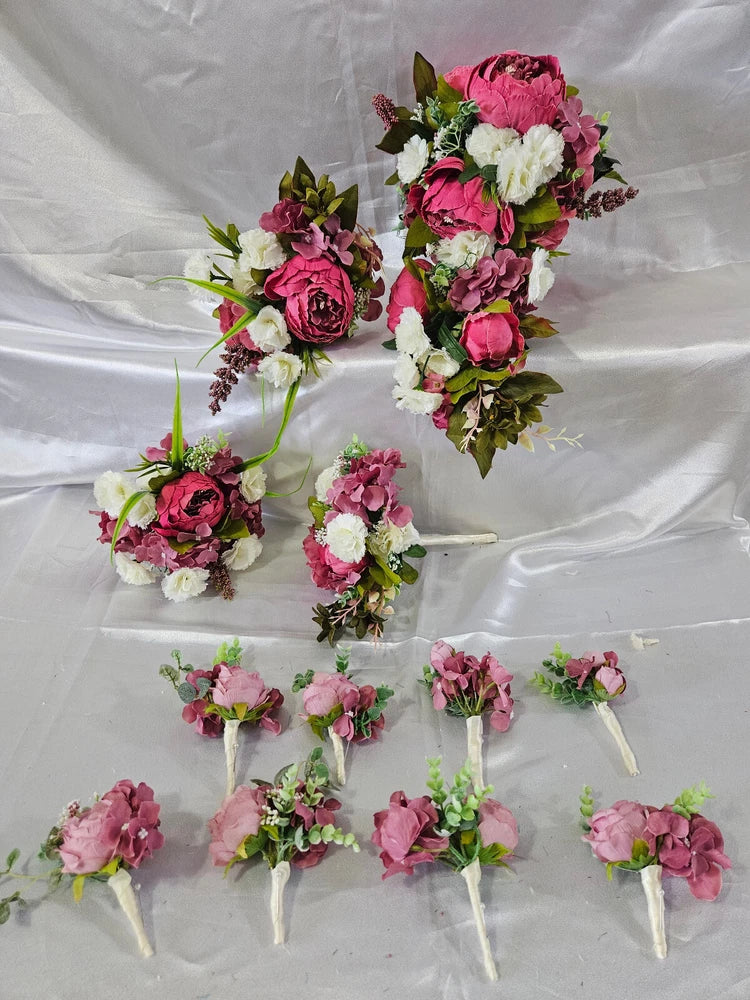Wedding Bouquet Set, Pink, Dusty Pink, Ivory, Cream, Cascade Bouquets, Teardrop Carnation