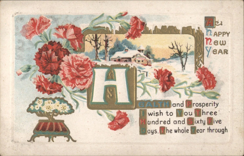 Happy New Year greeting card with red carnations, large letter H, winter landscape