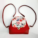 Handmade Red Faux Leather Carnation Floral Canvas Multiway Backpack 8.5"x 10"x4" Carnation