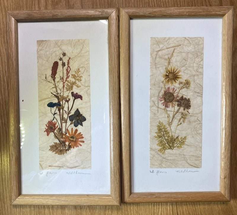 Set of 2 framed pressed dried flower wall art prints with wood-toned frames
