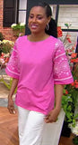 Belle by Kim Gravel Slub Knit Eyelet Sleeve Mixed Media Top Preppy Pink S New Roses
