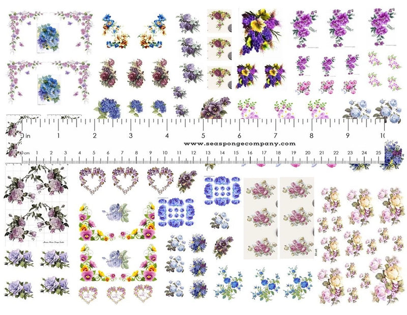 Miniature shabby chic floral rose decal sheets, many blue and purple rose stickers