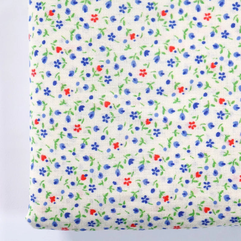 Vtg Cotton Fabric Calico Quilting Tiny Flowers Floral Blue Red BTHY Half Yard Flowering Plants