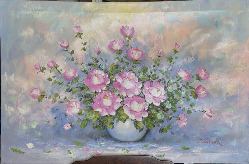 Pink peony floral wall art with layered bouquet of blooms and green leaves