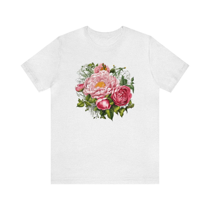 White unisex t-shirt with pink peony bouquet graphic