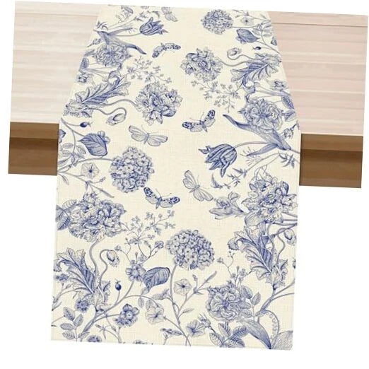 Blue and White Porcelain Style Hydrangea Flowers Table Runner 13x72 Inch Hydrangea