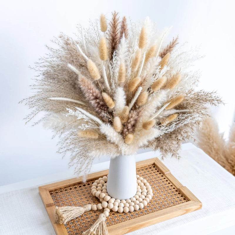 150pcs Pampas Grass + 1 White Ceramic Vase + 1 Wood Bead Garland , Boho Home Dec Pampas Grass