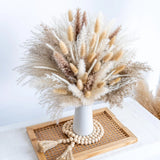 150pcs Pampas Grass + 1 White Ceramic Vase + 1 Wood Bead Garland , Boho Home Dec Pampas Grass
