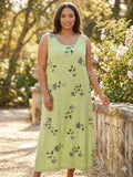 Vintage Y2K Linen Blend Maxi Dress Green Hydrangea Floral Cottagecore Plus 3X Hydrangea