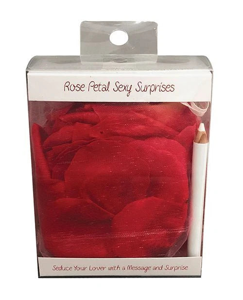 Red rose petal set in clear plastic gift box with perforated top window