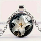 White Lily Flower Design Round Glass Pendant Necklace Lily