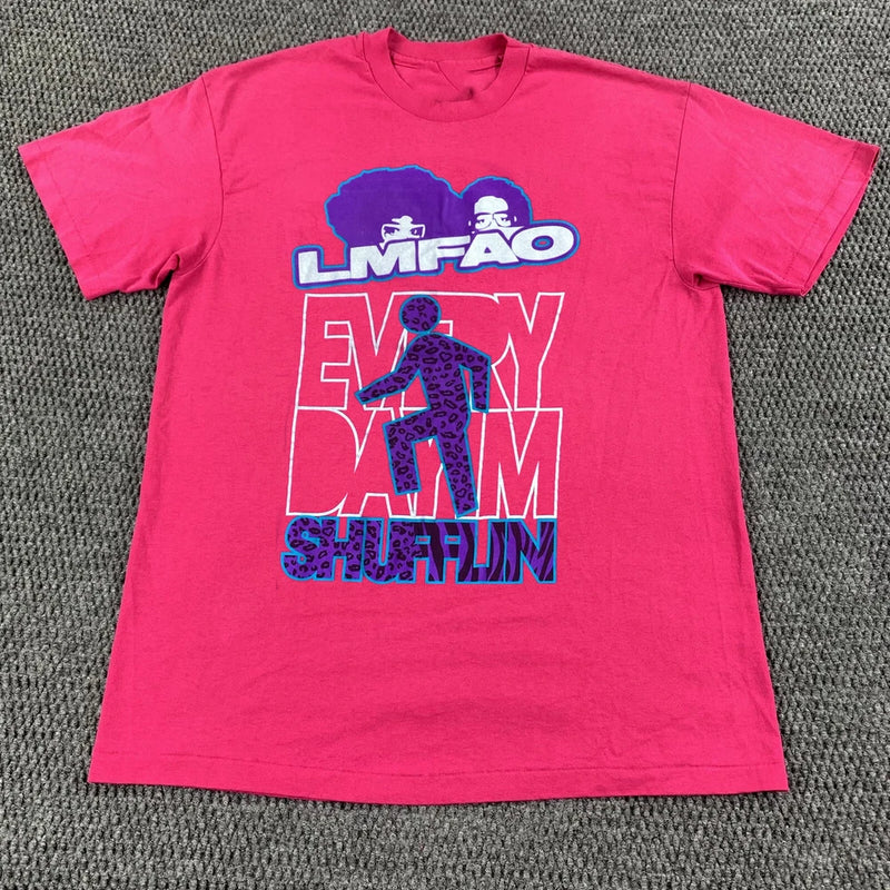 Pink LMFAO graphic T-shirt with blue text print and short sleeves