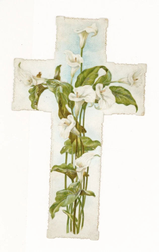 Lily flowers, die cut cross, New Year card, R. Tuck circa 1900 Lily