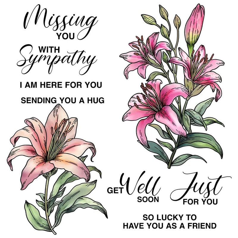 Lily flower clear stamp set with pink blooms and sentiment lettering for cards