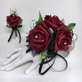 Glamour Triple Burgundy Foam Roses on Black with Silver Trim Prom Corsage  Combo Roses