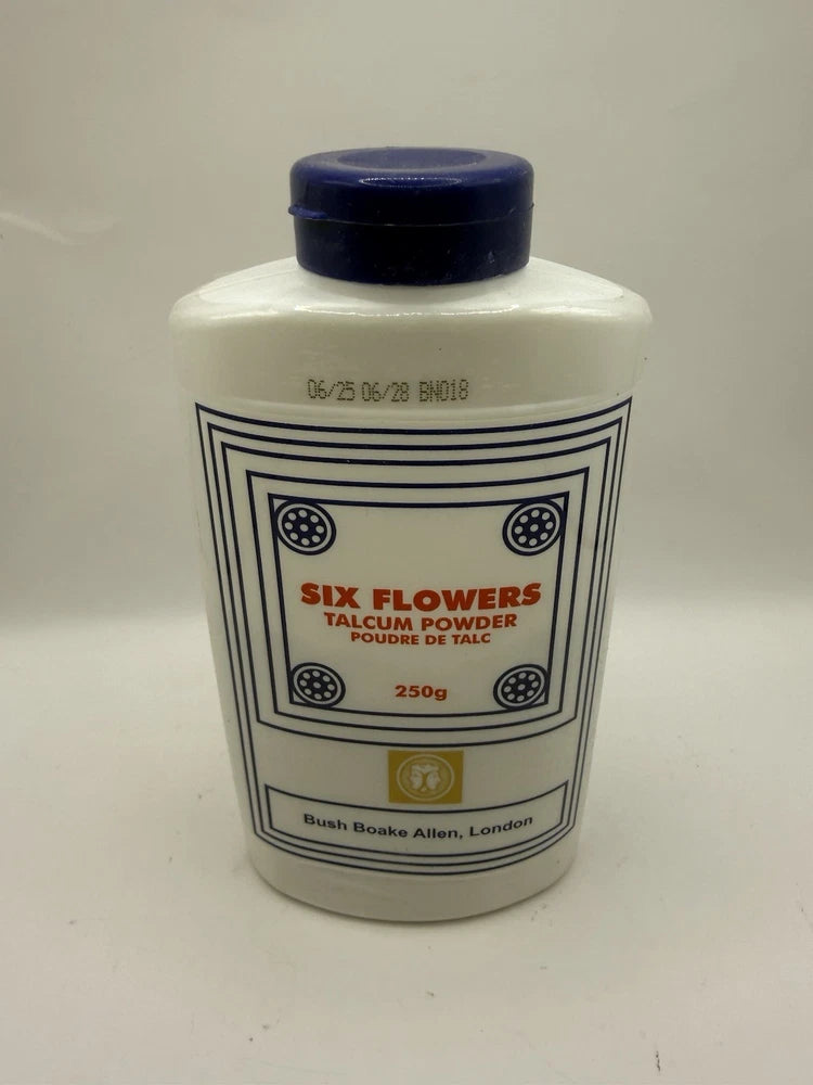 SIX FLOWERS talcum powder bottle, 250g, white bottle with blue cap