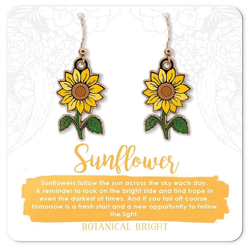 Gold tone dangle earrings with yellow sunflower and green leaves, hanging hook style