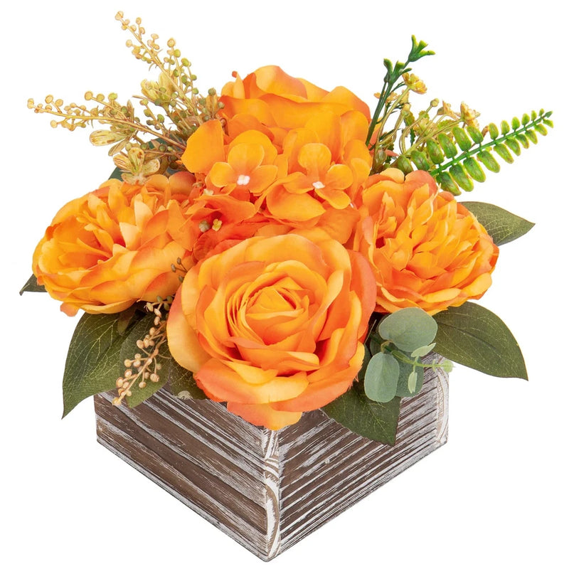 Artificial Flower Arrangement, 8'' Orange Roses Peonies Hydrangeas in Wooden ... Hydrangea
