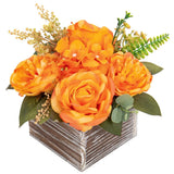 Artificial Flower Arrangement, 8'' Orange Roses Peonies Hydrangeas in Wooden ... Hydrangea