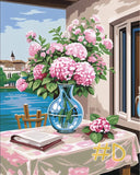 Hydrangeas in Bloom in a Glass Vase - Printed Needlepoint Canvas #FA93 Hydrangea