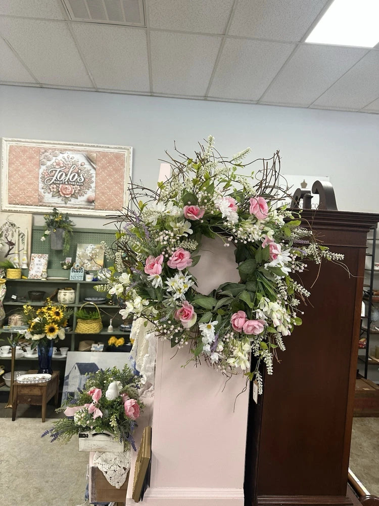 Gorgeous Pink And White Very Full Spring Summer Wreath Peony
