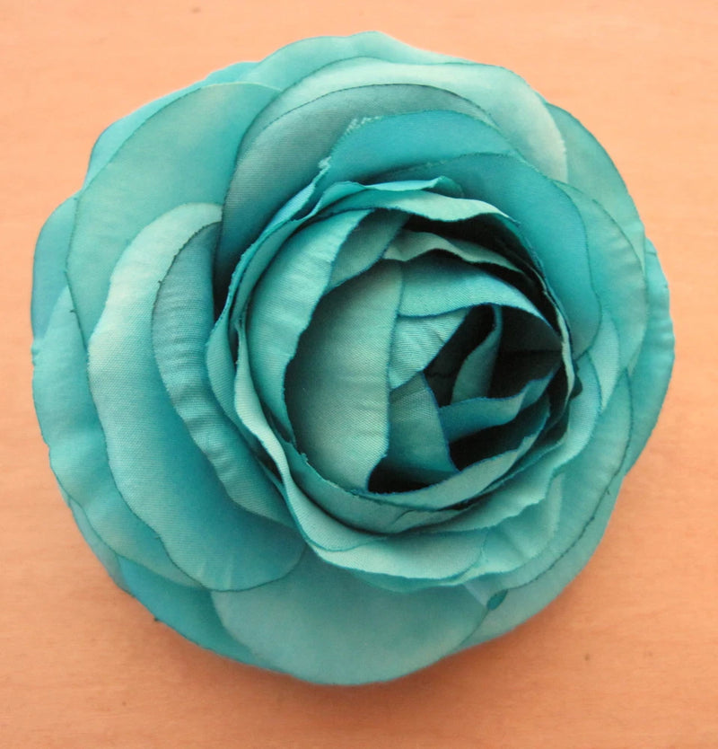 3 1/2" Turquoise Ranunculus Silk Flower Hair Clip,Wedding,Prom,Dance,Luau Ranunculus