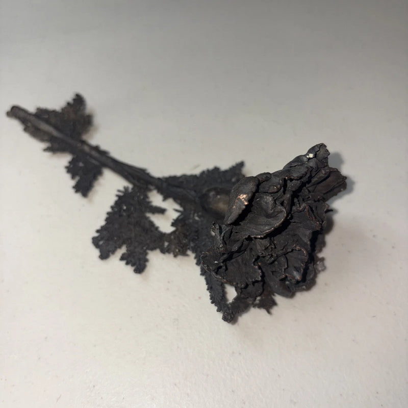 Dark forged metal carnation flower sculpture with layered petals