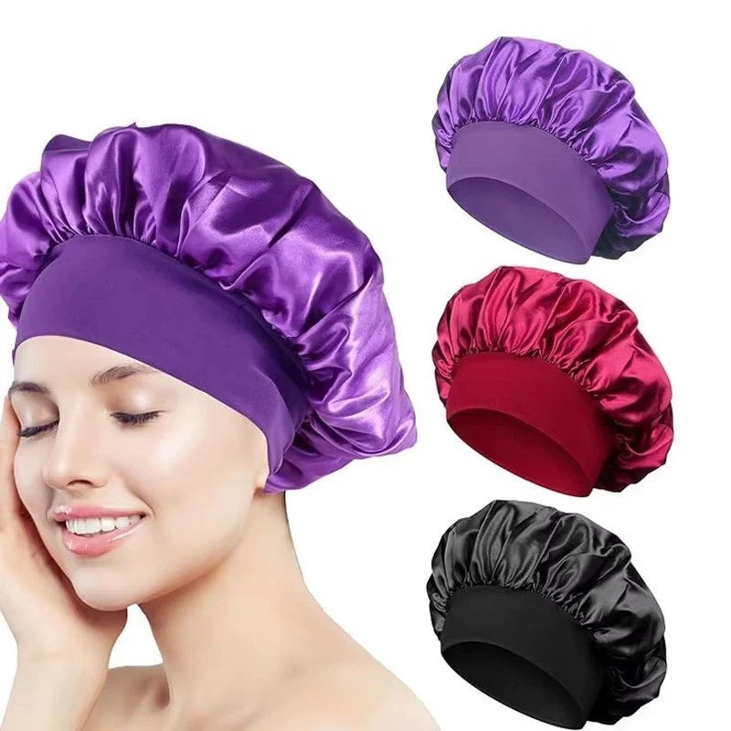 Silk satin hair bonnet with adjustable tie band, purple