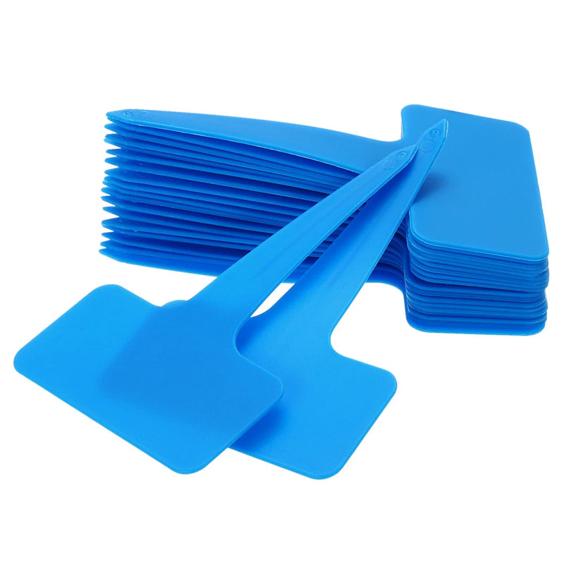 Blue plastic T-style plant labels, 4-inch garden markers, stack of tag cards