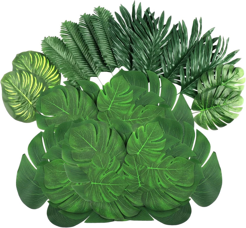 Set of artificial green tropical leaves, assorted jungle leaf cutouts (108 pieces)