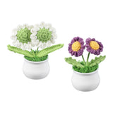 2 Pcs Crochet Flowers Potted 2 Head Daisy Knitted Artificial, Green/Purple Daisies