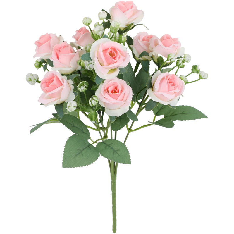 Artificial silk rose bouquet with pale pink blooms, green leaves, and stems
