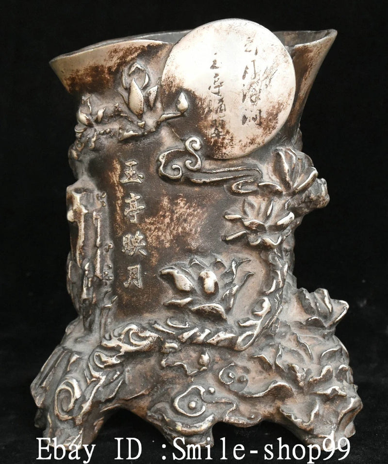 6.2" China Old Silver Peony Flower Moon Inscription Pen Holder Brush Pot Peony