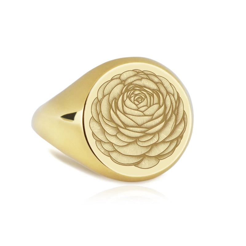 14K Gold Ranunculus Ring, Floral Signet, Spearwort Jewelry, Buttercup Charm Ranunculus